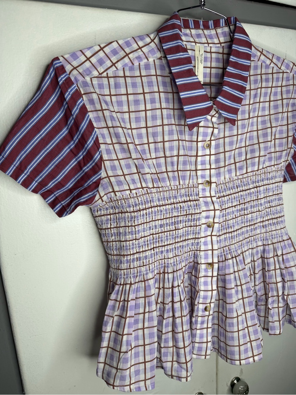Anthropologie Lavender Plaid Button-Down with Maroon Striped Accents - Picture 4 of 12